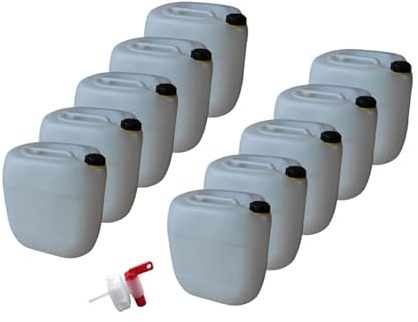kanister-vertrieb® 10 Stück 30 L Kanister Wasserkanister Kunststoffkanister natur DIN61 + Hahn + Etiketten