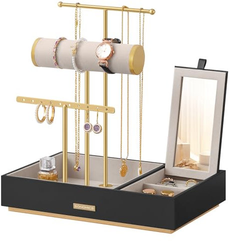 SONGMICS Schmuckständer, Schmuckhalter, Ohrringhalter Metall, Schmucktablett mit Spiegel, Schmuckaufbewahrung für Halsketten Armbänder Ohrringe Ringe, Geschenkidee, goldfarben-schwarz JJS022B01