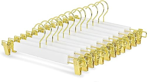 Amber Home 10 Stück 36cm Kleiderbügel aus Holz für Hose, Weiß | Verstellbare Rutschfest Gold Clips, Gold Haken, Aufhänger für Shorts, Rock, Socken, Unterhose