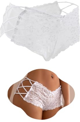 ohmydear Women's Floral Lace French Knickers Plus Size Strappy Sexy Panties | Soft Stretchy Cheeky Underwear, Cotton Crotch, Strappy Cross Sides, Hollow Out Bikini Briefs, Low Rise Underpants