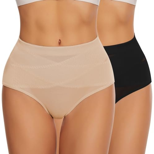 WOWENY Shapewear Damen Bauchweg Unterhose 2er Pack Figurformende Taillenslip Unterbauch Weg Slip Mittlere Taille Miederslips Stark Formend[Schwarz+Beige,