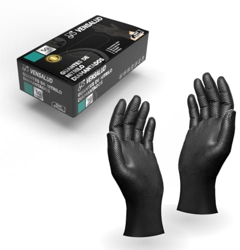 VENSALUD | Diamond Nitrile Gloves | Extra Strong and Resistant | For Mechanical Workshops, Gardening, Kitchen, Assembly, Veterinary, Cleaning | Latex Free | 50 units | Black | XL