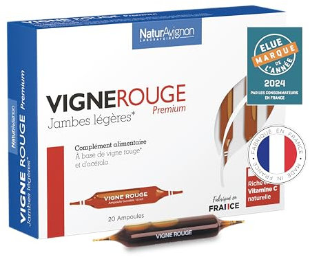 NaturAvignon Vigne Rouge Premium | Circulation sanguine jambes lourdes & jambes gonflees | Acérole + Vigne rouge circulation veineuse jambes | stimulateur circulatoire jambes legeres | 20ampoules