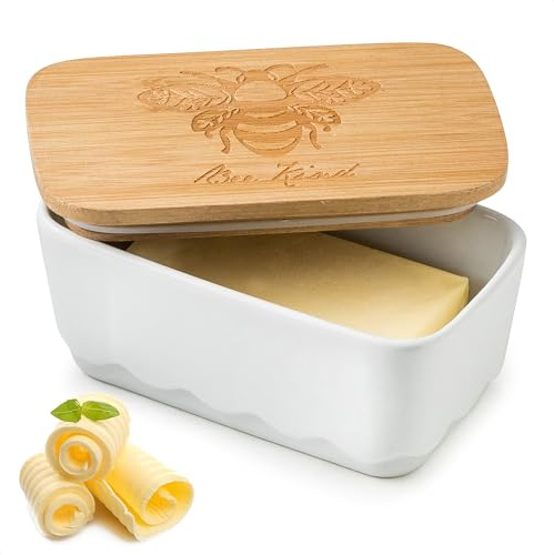 YHOJOY Mantequera cubierta para encimera, mantequillera de cerámica con tapa de madera, recipiente hermético para mantequilla, decoración vintage de abeja, color blanco