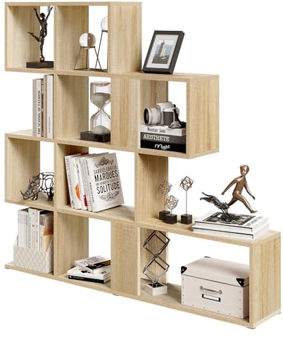 eSituro Libreria a 4 Livelli, Scaffale Divisorio con 11 Scomparti Aperti, Scaffale in Piedi, Scaffale a Gradini, per Soggiorno, Camera da Letto, Ufficio, 115x109,5x19,5 Cm, Rovere Chiaro