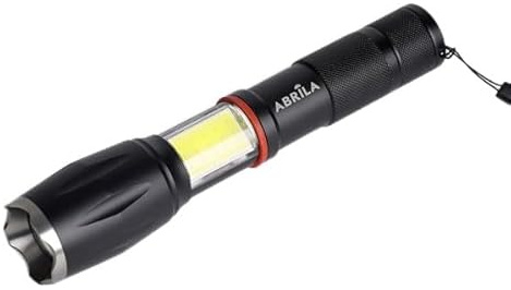 Zarivy Linterna LED negra, 300 lm, IP44, con COB, zoom, imán y asa, tamaño 15,5/18,6x3,8x3,8 cm, funciona con 3xAAA, ideal para camping y emergencias.