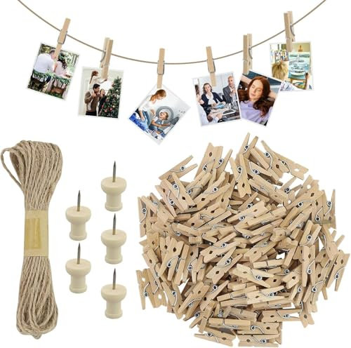 110 pinzas de madera pequeñas, minipinzas para la ropa, decoración para fotos, pequeñas pinzas de madera con 10 clavos y 1 cuerda de yute de 10 m para pared de fotos, embalaje de regalos (2,5 x 0,7