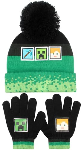 Ensemble de bonnet et gants Minecraft pour garçons – Bonnet et gants d’hiver chauds et douillets – Parfait pour les enfants de 6 à 12 ans, Vert, taille unique
