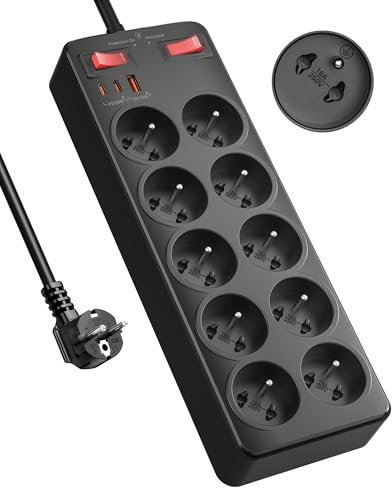 Multiprise avec Interrupteur, 10 Prises Françaises avec Terre 16A 2P+T,Bloc Prise Multiple Charge Rapide PD20W, 2100J Parafoudre et Surtension,Cuisine et Bureau Rallonge Electrique 2 M Câble, Noir