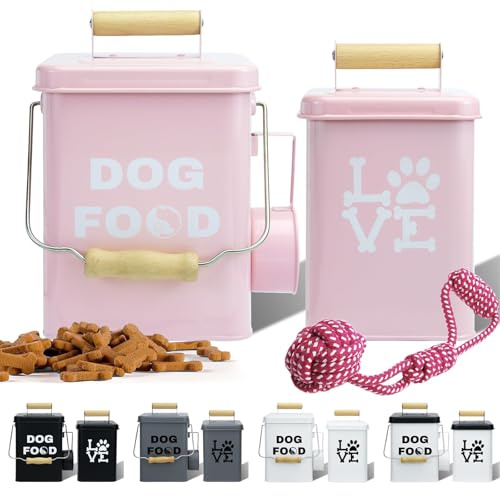 Set Von 2 Metall-Hundefutterbehältern-24,5x14,5cm&21,8x12cm, Rosa Großer Niedliches Leckerli-Glas Mit Deckel, Inklusive Löffel und Hundespielzeug, Futterbehälter Für Haustiere Für Küchenarbeitsplatte
