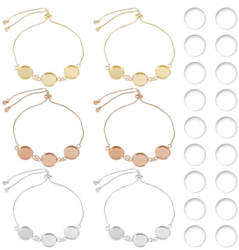 DICOSMETIC 6 Sets 3 Farben DIY Blank Armband Herstellungsset 12mm Edelstahl Tablett Armband Rohlinge Goldene Armreif Fassungen Mit Verstellbarem Armband Für DIY Herstellung