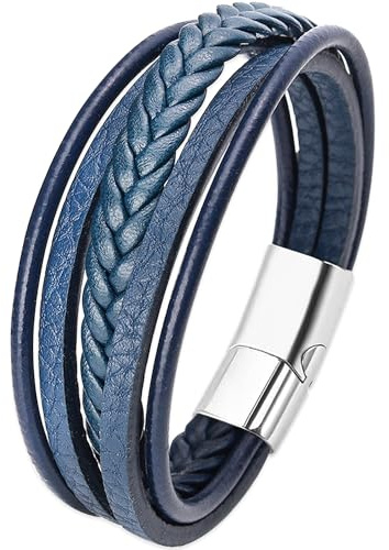 JUZICHEN Läderarmband För herr Män Med Stål, Presenter Till Män, Läderarmband i Svart, Brunt Och Blått Till Pappa Och Farfar (A)