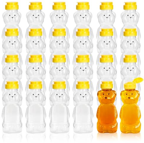 KEJJNYER 24 Pack 8 oz Honey Bear Bottle, Empty Plastic Honey Bear Jar Reusable with Dispensing Yellow Flip Top Lid Assistive Juice Jar