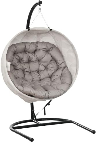 Outsunny Silla Colgante Huevo con Soporte Portavasos 120 kg Arena y Negro | Columpio de Jardín Exterior, Cesta Plegable de Malla, Doble Cojín, Columpio Colgante, para Interior y Exterior