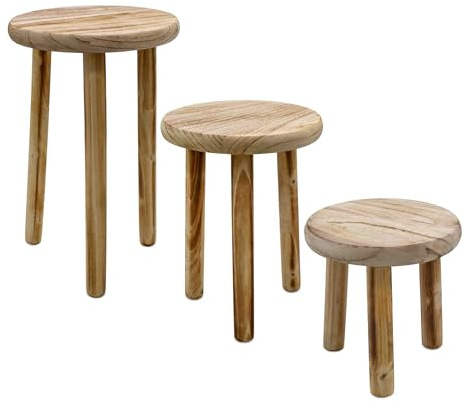 Spetebo Holz Blumenhocker rund mit 3 Beinen geflammt 3er Set - 20/23/25 cm