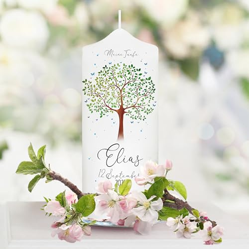 Wandtattoo Loft Taufkerze Junge personalisierte Patenkerze, Motiv mit Lebensbaum, 18cm x 7cm, personalisierte Kerze, bedruckte Kerze zur Taufe, Stumpenkerze, individuelles Taufgeschenk