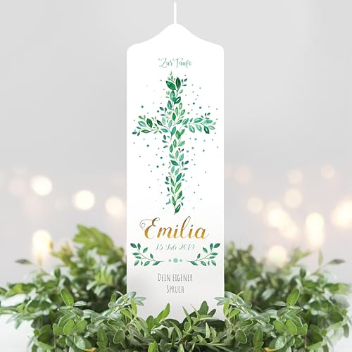 Wandtattoo Loft Taufkerze Junge mit Taufspruch, Motiv Heiliges Kreuz aus grünen Blättern, 25cm x 8cm, personalisierte Kerze, bedruckte Kerze Taufe, Stumpenkerze, Geburtkerze, Taufgeschenk
