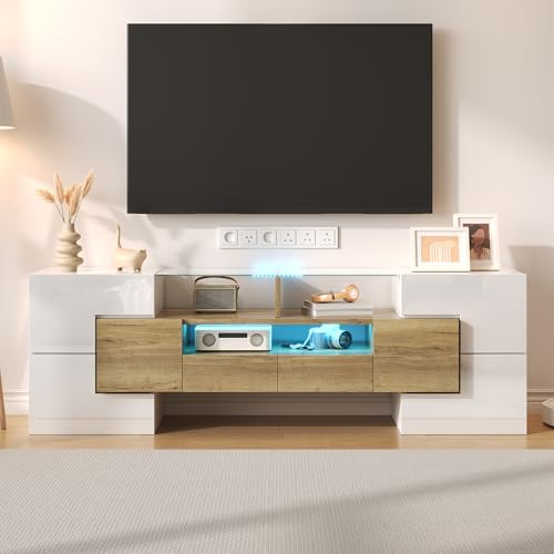 Jaxenor Meuble TV de 145 cm avec tiroirs, meuble bas avec éclairage LED, élégant banc TV avec surface en verre, meuble TV blanc pour salon, blanc