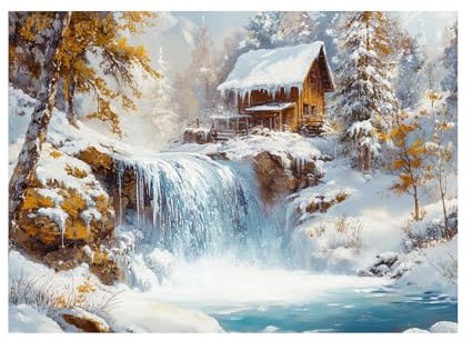 WUFIEA Natur Landschaft Leinwand, Schneewasserfall-Holzhaus Modern Wanddeko Kunstdruck Schlafzimmer Esszimmer Büro - 60x80cm Ungerahmt(weiß)