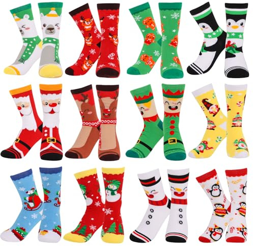 JOFONY 12 pares de calcetines de Navidad, calcetines de Navidad para hombre y mujer, calcetines coloridos de Navidad, diseño navideño para regalos de Navidad (talla 35-42), 1, 35-42