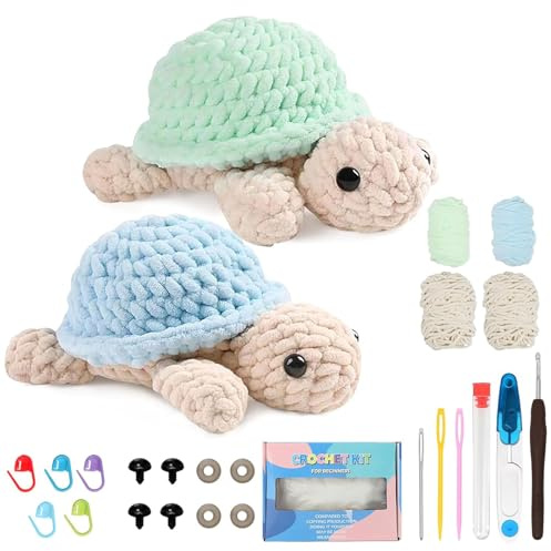 Häkelset für Anfänger Tiere, 2 Stück Tiere Häkel mit Garn, Nadel & Zubehör, DIY Erwachsene Crochet Set, Häckel Kit für Anfänger mit Schritt-für-Schritt Anleitung Geschenk Bastelset (Schildkröte)