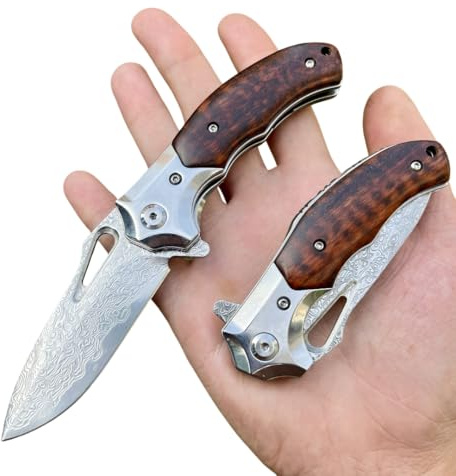 Obespina Petit couteau pliant damas luxe manche bois de serpent amourette collection poche edc forge artisanat cadeau homme camping extérieur solide randonnée tranchant custom fête père lame acier