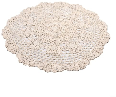 Runde Spitzen-Tischdecke, 50 cm, Vintage-Stil, gehäkelt, Baumwolle, Blumendesign, handgefertigt, ausgehöhlt, klein, rund, Tischdecke für Esszimmer, Café, Ho (Beige)