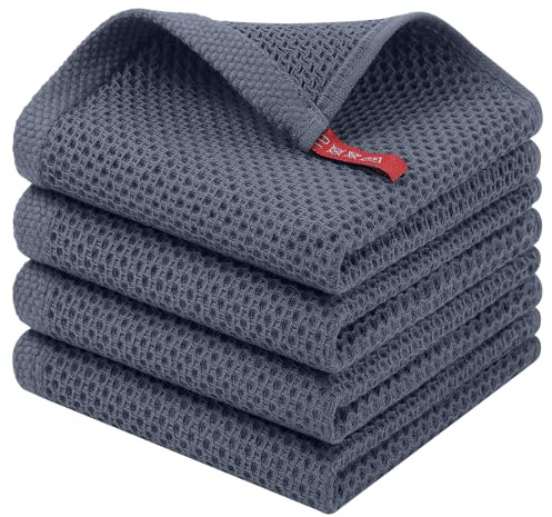 Homaxy 100% Cotton Waffle Weave Kitchen Dish Cloths, 4-Pack Ultra Soft Absorbent Dish Towels, Quick Drying Dish Rags, 12 x 12 Inches, Dark Grey