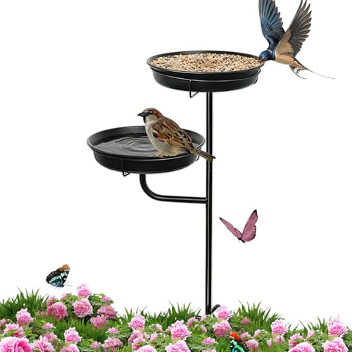 Ungtyb Bain d'oiseaux pour l'extérieur, plateau d'alimentation sur pied en métal – Bain d'oiseaux avec piquet – Pour extérieur, jardin, patio, terrasse, pavillon, décoration de pelouse, décoration