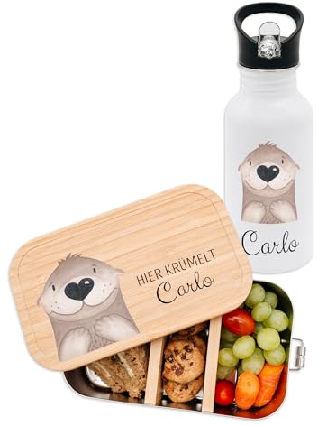 wunderwunsch Set Trinkflasche + Brotdose, Lunchbox Bento Box personalisiert für Schule, Kita, Kindergarten in 3 Varianten und 12 Designs mit deinem Namen (Otter)