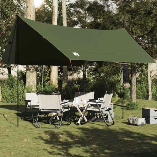 Faltbare Zeltplane mit Tragetasche, Tarp mit Zwei Stangen und Ösen an jeder Ecke, olivgrünes Tarp 438x376x212 cm wasserdicht für Camping und Outdoor