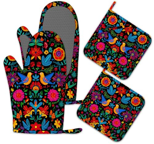 Mexican Floral Oven Mitts and Pot Holders Set of 4,Heat Resistant Non SlipKitchen Gloves Hot Pads,Chef Cooking Baking Gifts for Women Bakers,Kitchen Cooking Lover Cooks