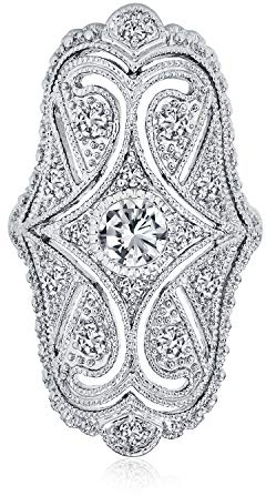 Bague De Déclaration De Mode Longue Et Large En Forme De Cœur En Style Art Déco Antique Bohème Vintage Noir Blanc Bleu Vert Filigrane Pavé Cz S En Zircon Cubique En Laiton Plaqué Rhodium Argent.