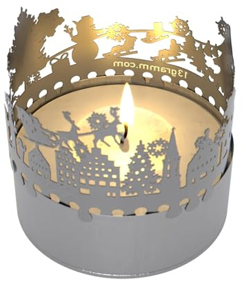 13gramm Weihnachtszeit Windlicht Schattenspiel Geschenk, 3D Edelstahl Aufsatz für Kerze inkl. Karte