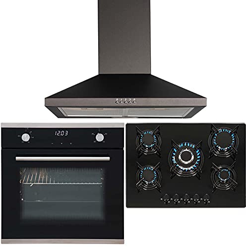 SIA Black Touch Control Single Oven, 5 Burner Gas Hob & Chimney Cooker Hood Fan