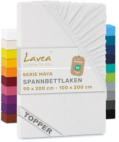 Lavea® Drap-Housse pour Surmatelas/Topper 90x190/200cm – Jersey 100% Coton – pour Surmatelas Jusqu’à 10 cm – avec Élastique Tout Autour – Certifié Oeko-TEX – Blanc