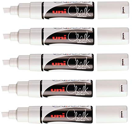 Uniball Kalk PWE8K Kreidemarker, breit, Weiß, 5 Stück | Uni Mitsubishi Pencil – Spitze 8 mm, temporäre Markierung, regenfest, wasserfest – Glas, Spiegel, Schiefer