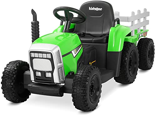 Kidzone 12V 7AH Premium Version with EVA Treaded Tires Dual 35W Motors Boost Power Torque Remote Control Powered Electric Tractor with Trailer Toddler Ride On Toy 3-Gear-Shift, 7-LED Lights, MP3
