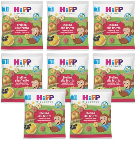 HiPP, Stelline Di Cereali Bio Alla Frutta, Cereali Biologici Soffiati Arricchiti dal Gusto dei Succhi di Mela, Arancia e Ribes Bio, 9 Confezioni Da 30 g, 270 g
