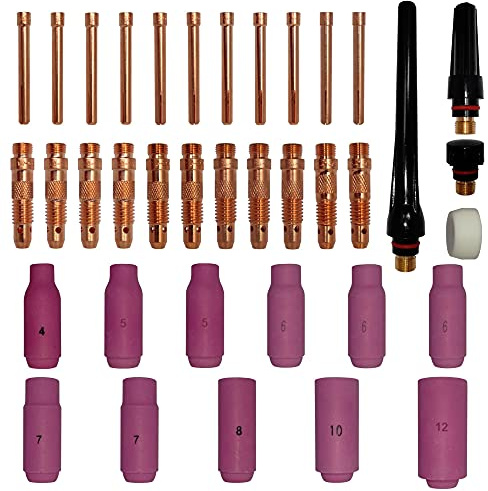 ELCAN Verbrauchsmaterial und professionelles Zubehör für WIG-Schweißbrenner der Serie WP 17 18 26 mit Keramikdüsen, Düsen, Auffangkörper, Rückenkappen und Auffangbehältern. 37 Stück