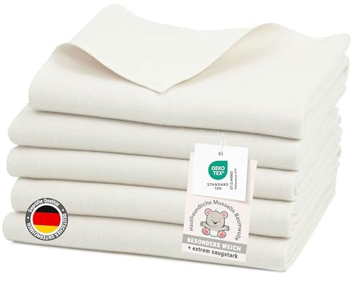 ZOLLNER 5er Set Moltontücher in 80x80 cm aus Baumwolle - saugstarke Wickelunterlage - weich und wärmend - waschbar bis 95°C - in naturweiß - Oeko Tex® Zertifiziert