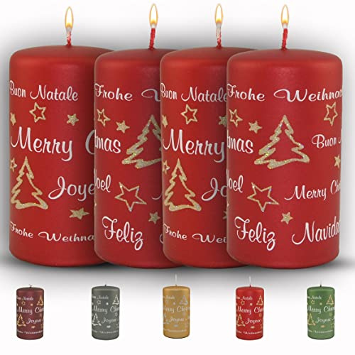WIKAKERZEN bezaubernde Weihnachtskerze für Adventskranz - 4er Set 13x7cm - Merry Christmas - Glitzer Stumpenkerze aus hochwertigem Paraffinwachs mit Baumwolldocht - Adventskerze RAL zertifiziert (Rot)