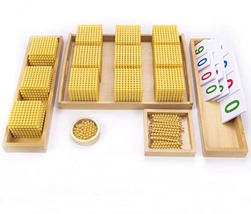 UIGJIOG Montessori Mathematik Holz Dezimalbasis Bank Spielset, Gold Bead Bank Spiel Montessori Mathe Training Lernspielzeug 1-10000 Früherziehung Lehrmittel