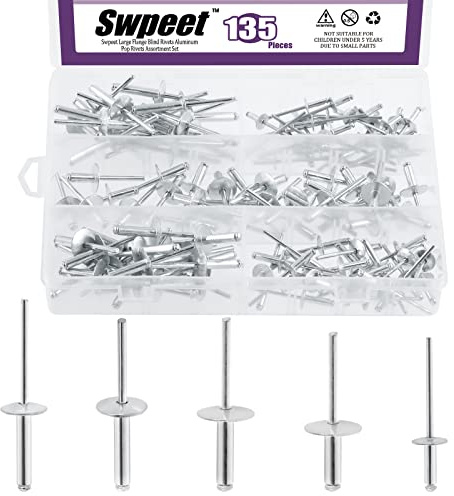Swpeet 135 remaches ciegos de aluminio de brida grande de 3/16 x 3/8 pulgadas, 1/2 pulgadas, 5/8 pulgadas, 3/4 pulgadas, 1 pulgada, remache de extremo abierto para uso en interiores y exteriores