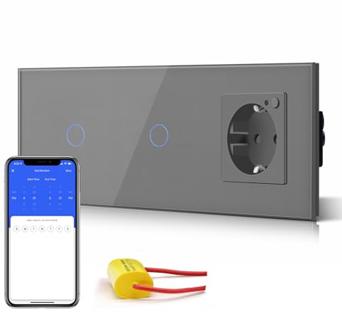 BSEED Schuko WLAN Steckdose mit Single Live Wifi Touch Schalter Wandsteckdose Unterputz Senkrecht aus Glas mit Doppelt Smart Alexa Lichtschalter(Kein Neutralleiter Erforderlich) 1 Fach 1 Weg Grau