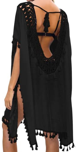 EDOTON Stickad strandklänning för kvinnor, bikini-cover up, sommar, strand, täckande bikiniblus, F-svart, En Storlek