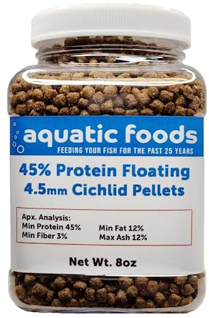 Aquatic Foods Inc. Cichlid Pellets, 45% Protein Floating 4.5mm (5/32) Pellets for Oscars, Central American, South American Cichlids…8oz Small Jar