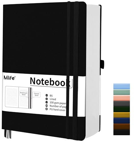Mlife Notizbuch B5 Liniert,360 Seiten Und 100g/M² Tintenfestes Papier,PU Hard Cover Notebook,Hardcover Collegebloc,Tagebuch für Erwachsene,Notizbücher Mit Falttasche für Bullet Journal(Schwarz)
