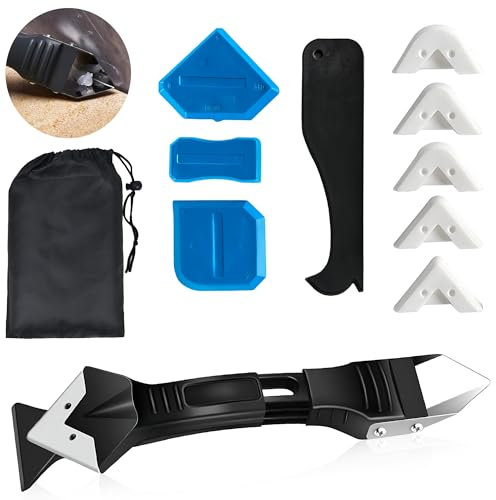 AG LogiShop Kit Herramientas Aplicador Silicona + 4 Raspadores + Bolsa de Almacenamiento | Herramienta de Calafateo Silicona, Removedor de Masas, Raspador Silicona para Juntas y Azulejos.