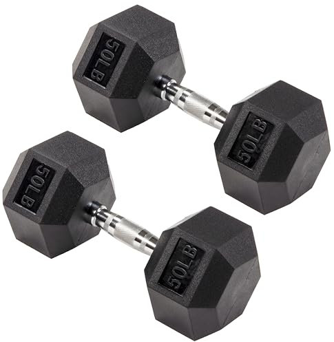 Signature Fitness Hex Dumbbells Non-Slip Free Weights Full Body Strength Training Home Gym Workout Equipment Set, 50 Pounds, Black